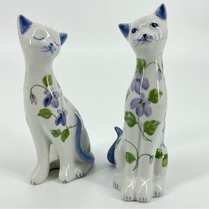 Andrea Sadek Vintage Cat Pair Purple Pansy Floral Vine Set 2 Painted Porcelain